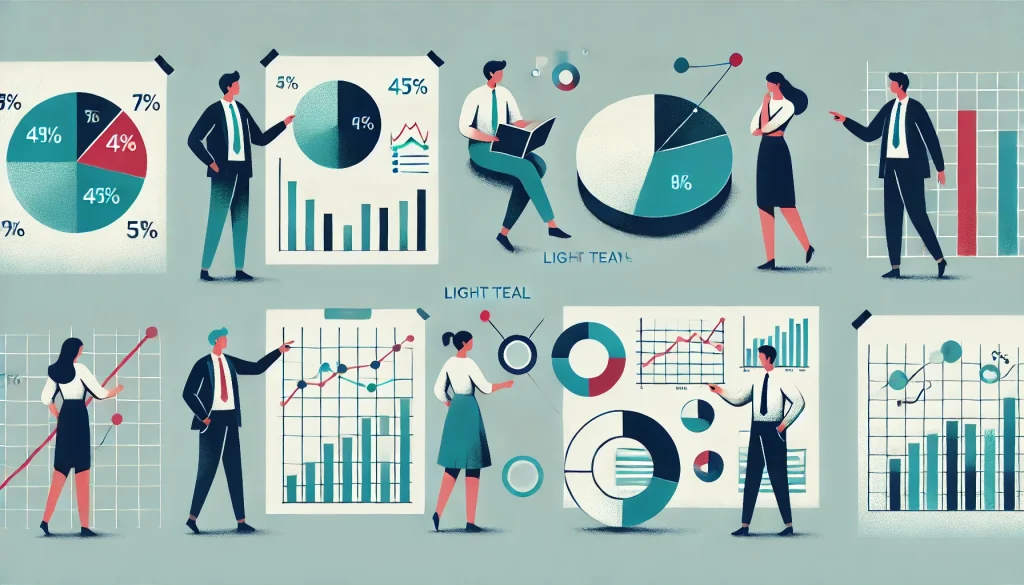 DALL·E 2024 07 10 10.30.09 An illustration featuring four people analyzing various charts and graphs including pie charts line graphs and circular diagrams. The color palette